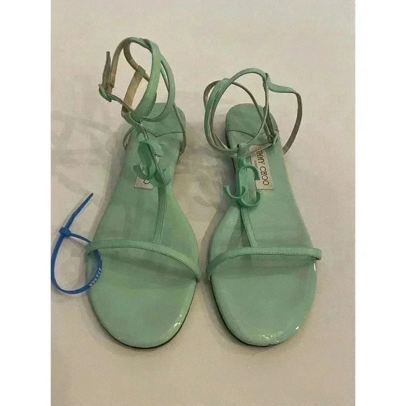 JIMMY CHOO Alodie Flat Nappa Patent Leather Sandals T Strap Logo Mint Green 9 39 - Picture 5 of 16